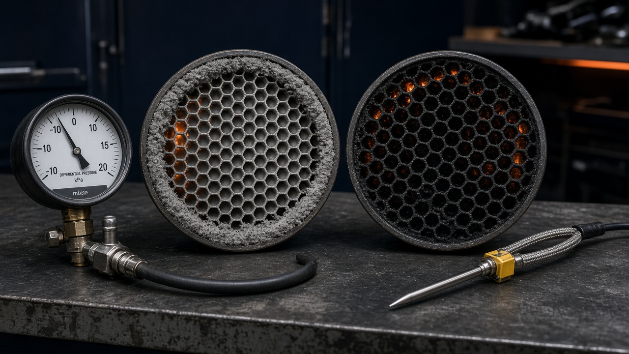 DPF cross-section showing soot and ash layers