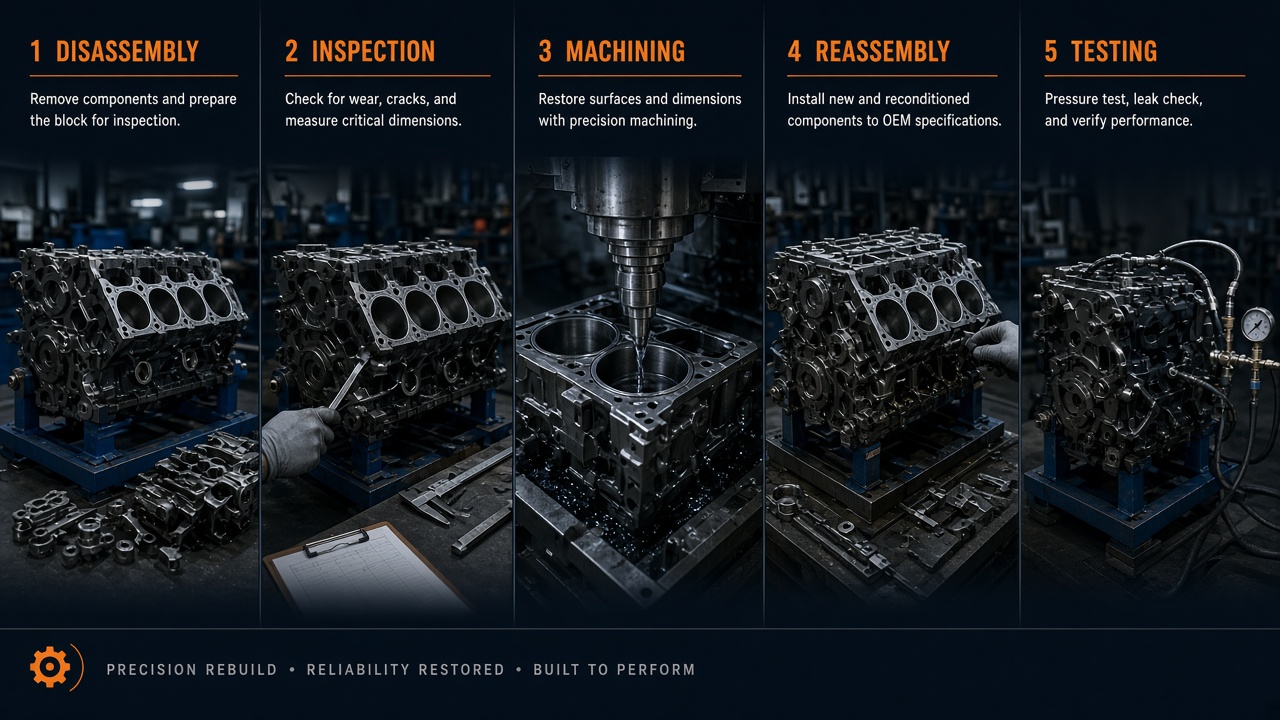 Diesel engine rebuild process diagram showing disassembly through break-in stages