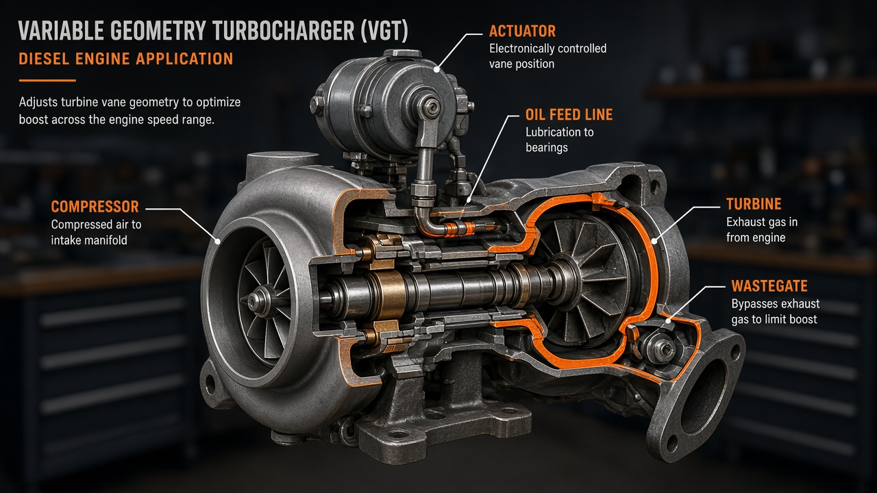 Variable geometry turbocharger diagram showing compressor, shaft, turbine, and VGT vanes