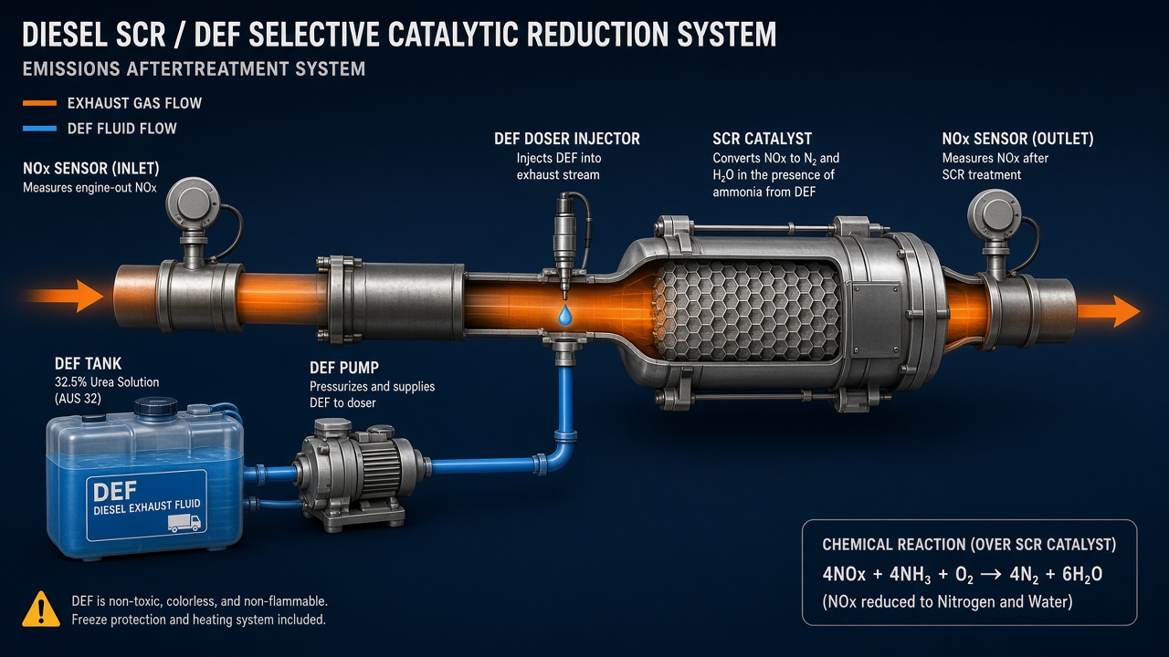 SCR DEF injection system diagram showing DEF tank, pump, doser, and SCR catalyst
