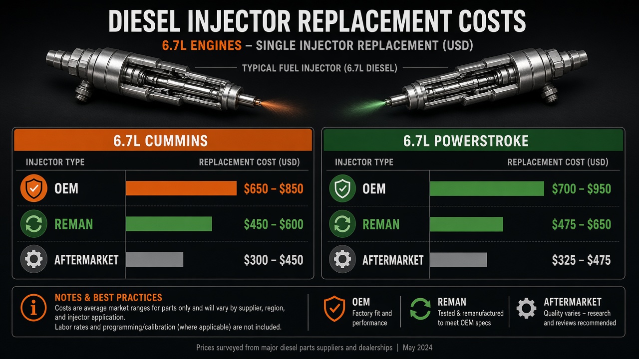 Injector replacement cost comparison chart for OEM, remanufactured, and aftermarket injectors